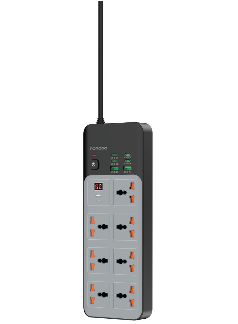 بورودو شريط طاقة عالمي بسلك بطول 3 أمتار، 6 منافذ USB و7 منافذ تيار متردد، 3000 وات / محطة شحن سريع / مؤقت 24 ساعة / حماية مدمجة / للمطبخ، ملحقات المكتب المنزلي - رمادي - Image 1